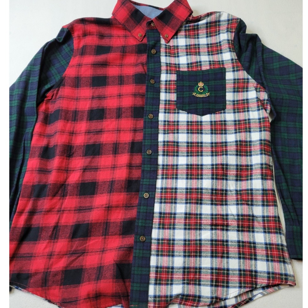 Chaps Mens Medium Plaid Patchwork Button Down Shirt Multi Color Flannel 1233